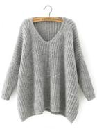 Romwe Light Grey V Neck Batwing Sleeve Loose Sweater