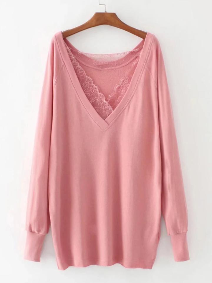 Romwe Lace Insert Raglan Sleeve Plunge Sweatshirt