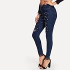 Romwe Pearls Beaded Destroyed Jeans