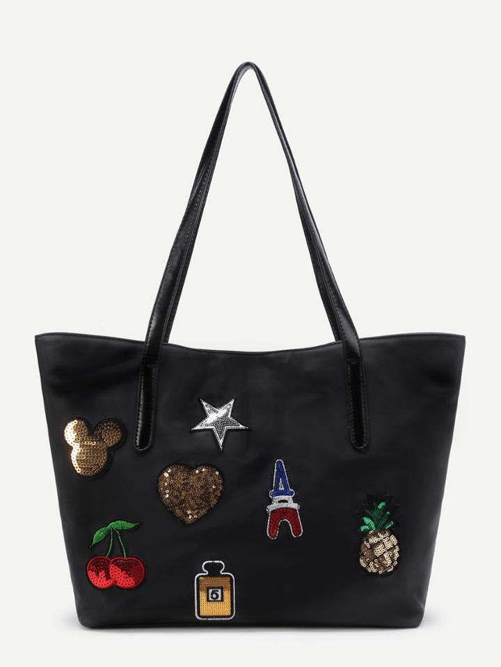 Romwe Sequin Cherry And Star Patch Tote Bag