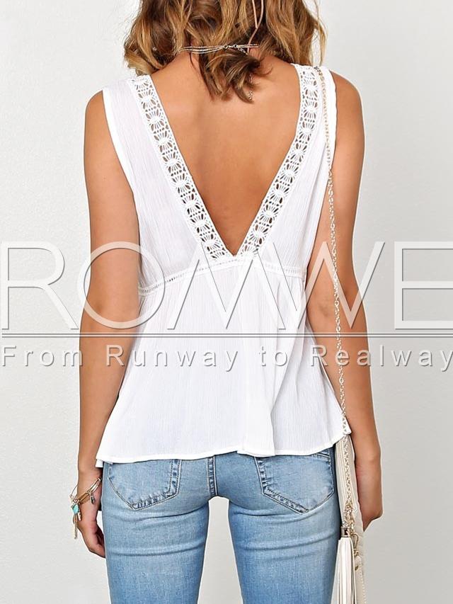 Romwe White Sleeveless V Neck Backless Tank Top