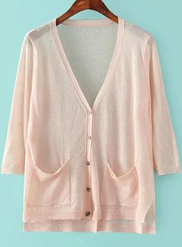 Romwe With Pockets Dip Hem Pink Cardigan