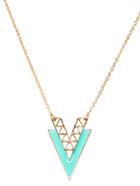 Romwe Turquoise And Gold Hollow Out V Shaped Pendant Necklace