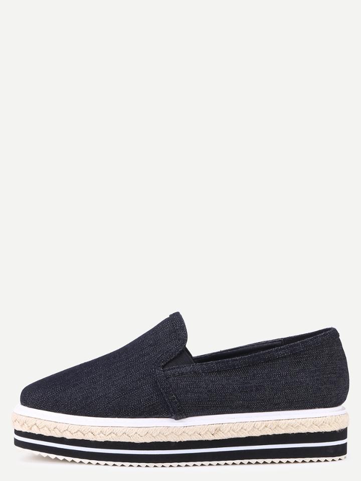Romwe Black Denim Elastic Rubber Mixed Espadrille Shoes