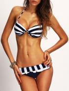 Romwe Halter Striped Bikini Set With Cover Up