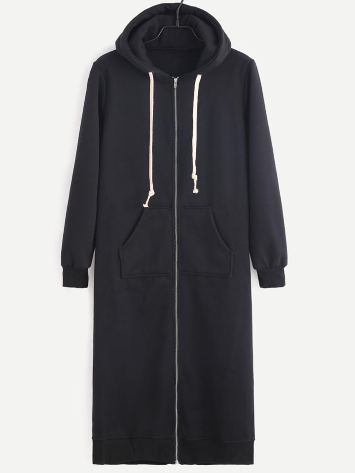 Romwe Black Zipper Drawstring Hooded Long Sweatshirt With Pocket