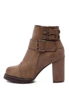 Romwe Brown Buckle Strap Chunky Heels Boots