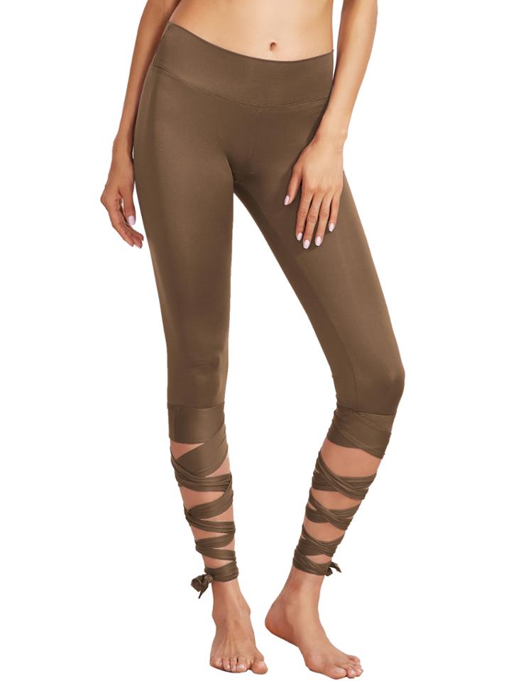 Romwe Coffee Wide Waistband Tie Up Leggings