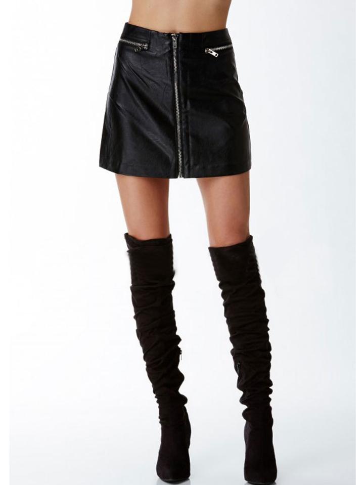 Romwe Pu A-line Skirt With Zipper