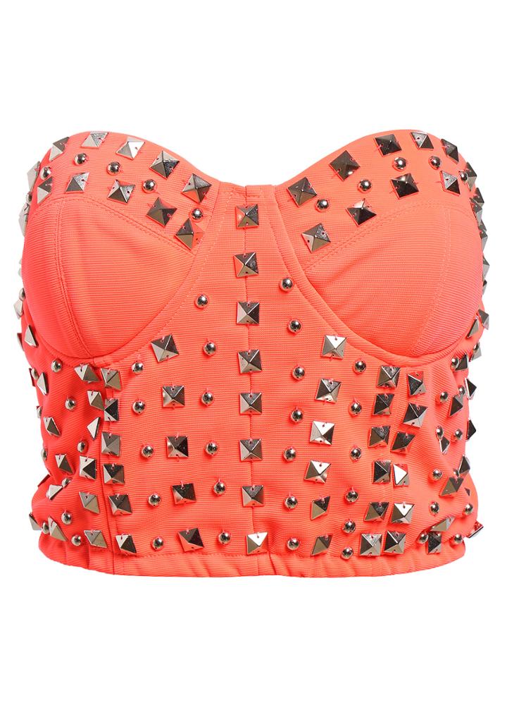 Romwe Rivet Embellished Strapless Crop Orange Vest