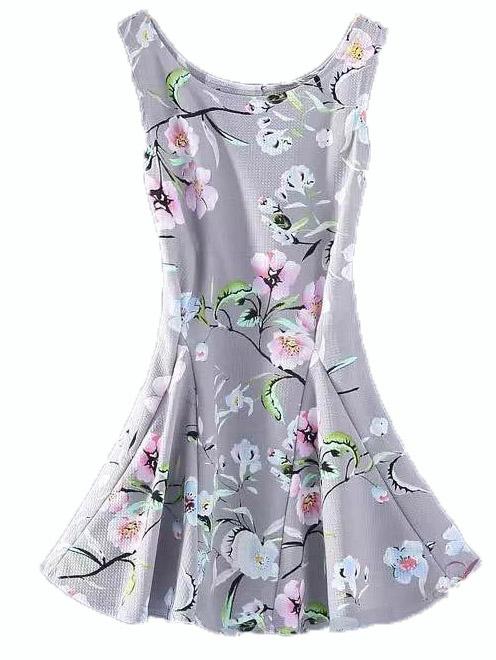 Romwe Grey Scoop Neck Florals Skater Dress
