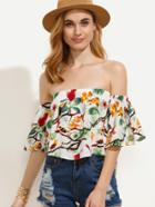 Romwe White Blossom Print Off The Shoulder Blouse