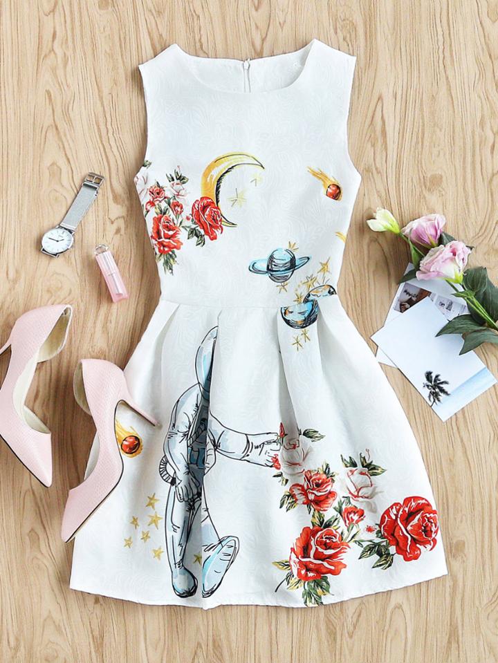 Romwe Roses Print Embossed Fit & Flare Dress