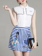 Romwe White Embroidered Top With Striped Skirt