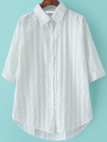 Romwe Lapel Dip Hem Olive Branch Print White Blouse