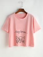 Romwe Pink Letter And Cat Print T-shirt