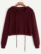 Romwe Burgundy Drawstring Hooded Crop Sweatshirt With Pocket
