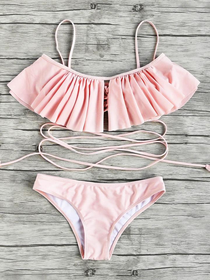 Romwe Flounce Detail Strappy Bikini Set