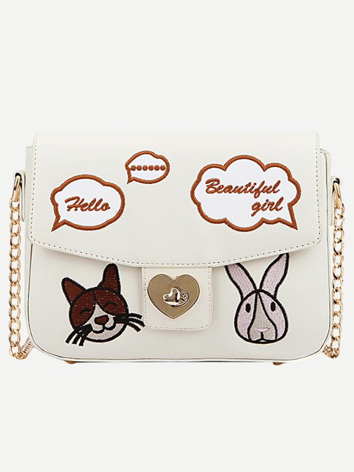 Romwe Ivory Animal Embroidered Chain Bag