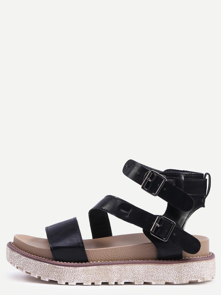 Romwe Black Peep Toe Buckle Flatform Wedges