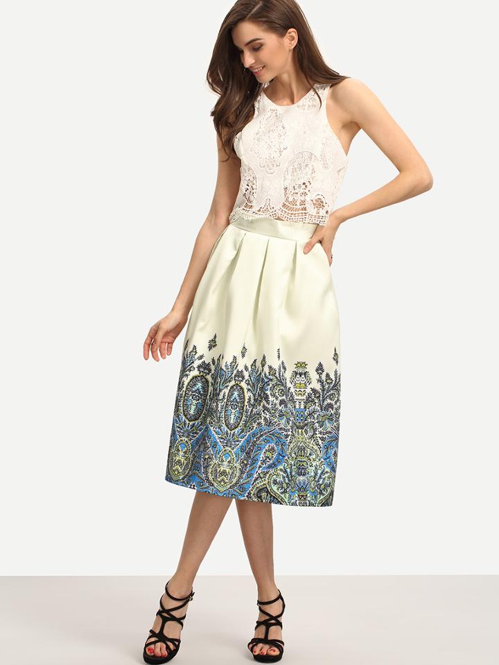 Romwe Paisley Print Box Pleated Midi Skirt