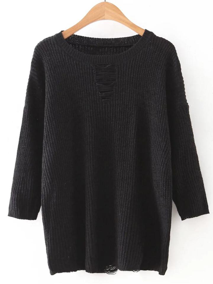 Romwe Black Round Neck Ripped Front Knitwear
