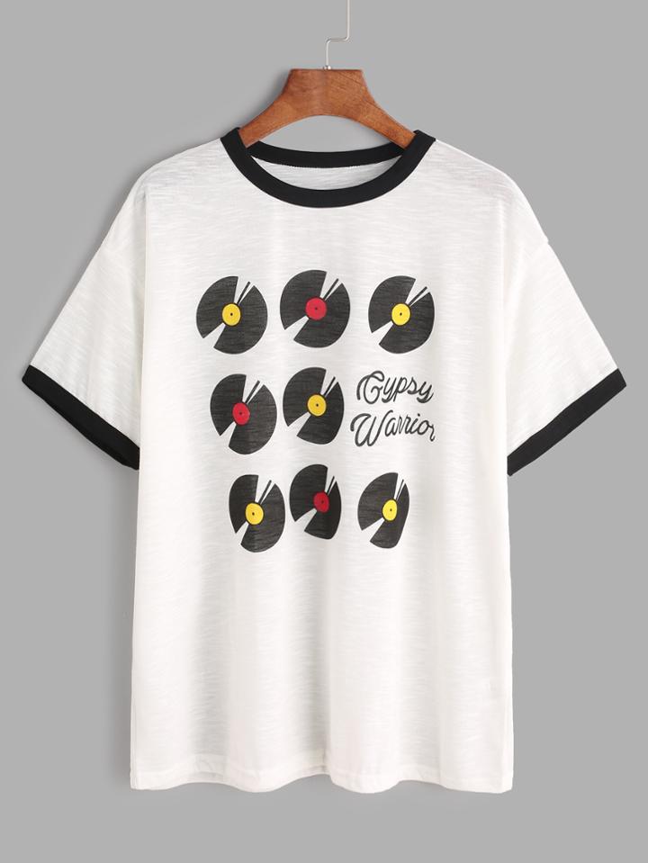 Romwe White Vinyl Records Print Slub Ringer T-shirt