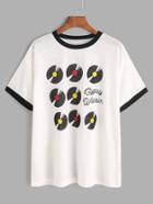 Romwe White Vinyl Records Print Slub Ringer T-shirt