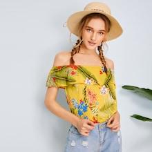 Romwe Floral & Plants Print Ruffle Trim Off Shoulder Blouse