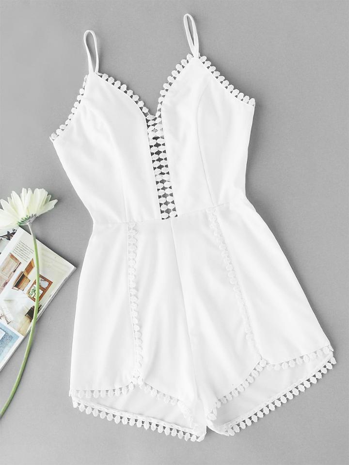 Romwe Crochet Trim Asymmetric Hem Cami Romper