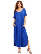 Romwe Blue Short Sleeve Pocket Split Side Dress