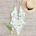 Romwe Lace Up Mango Print Striped One Piece Swimsuit