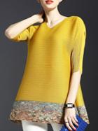 Romwe Yellow Pleated Elastic Print T-shirt Dress