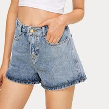 Romwe Button-up Solid Denim Shorts