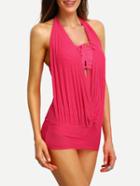 Romwe Halter Drape Mesh Lace-up One-piece Swimwear