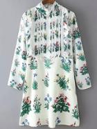 Romwe Stand Collar Lace Insert Flower Print Dress