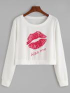 Romwe White Lip And Letter Print Crop Sweatshirt