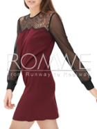 Romwe Burgundy Long Sleeve With Lace Dress