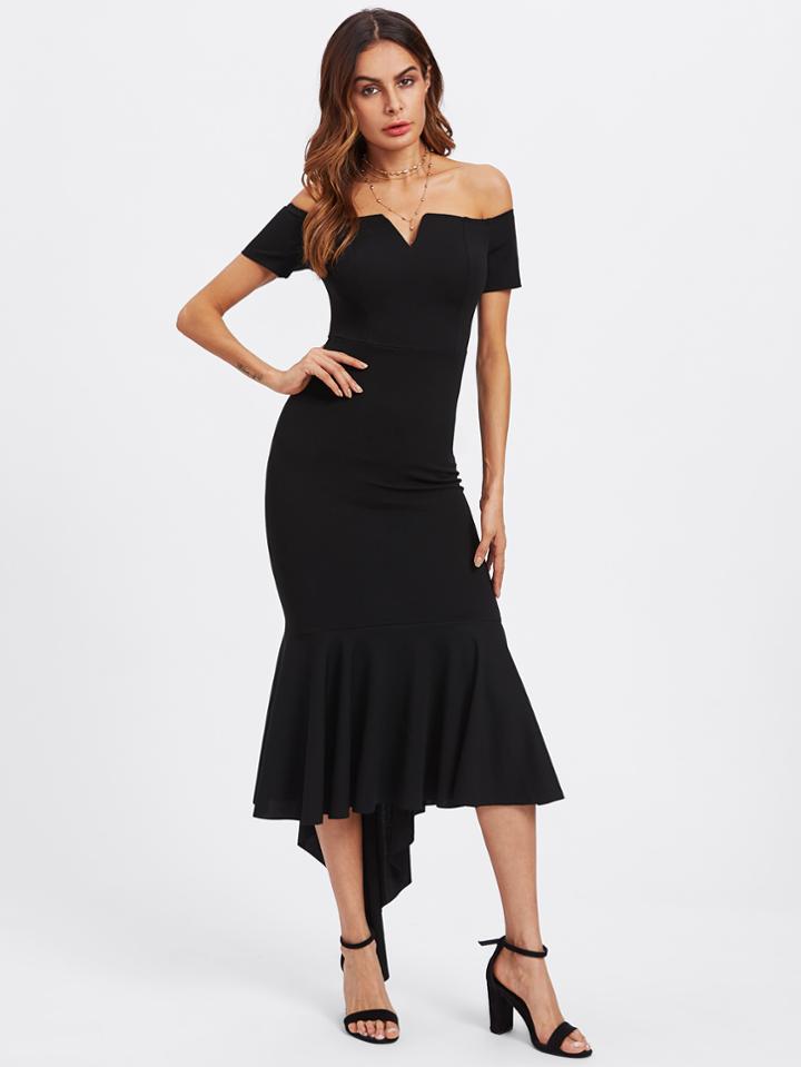 Romwe V Notch Off Shoulder High Low Fishtail Dress