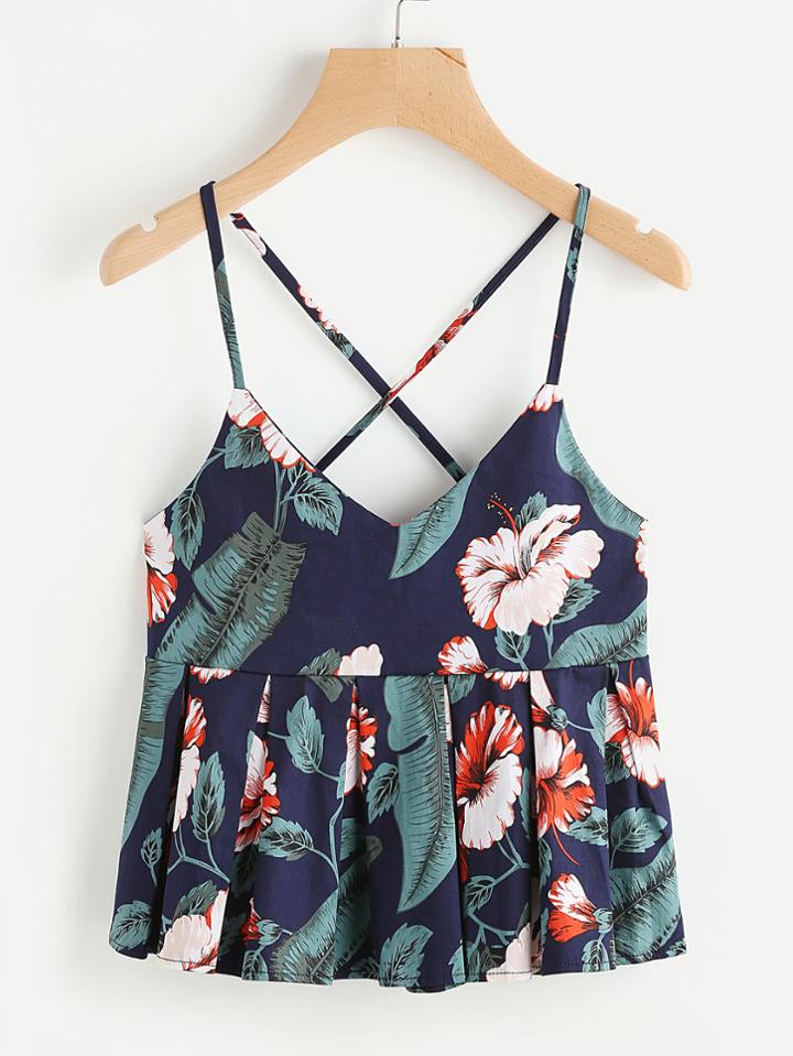 Romwe Printed Random Criss Cross Back Box Pleat Cami Top