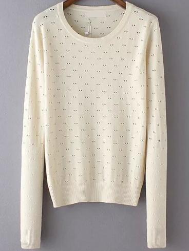 Romwe Long Sleeve Eyelet Apricot Sweater
