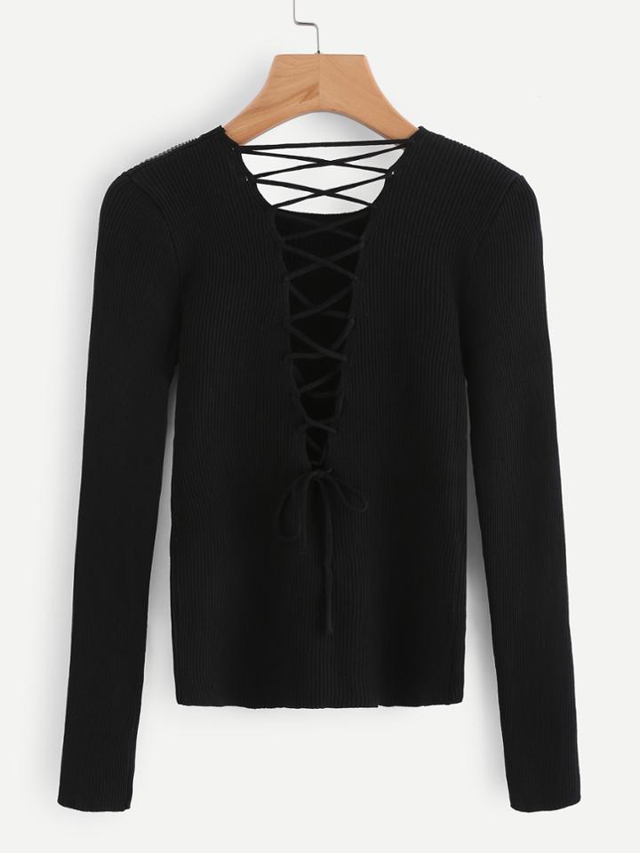 Romwe Lace Up Self Tie Ribbed Skinny Sweater