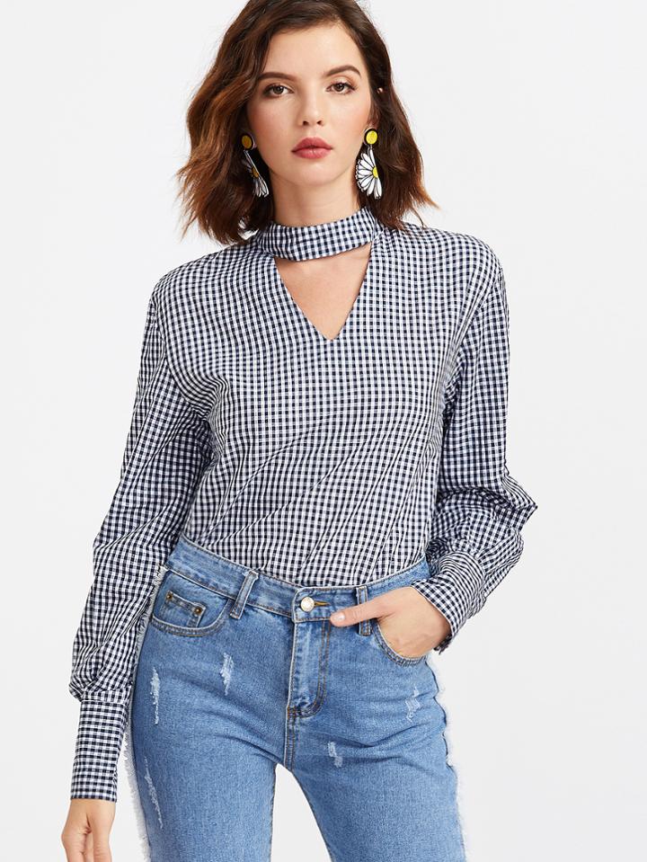 Romwe Black And White Checkered Cut Out Blouse
