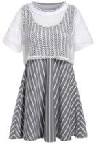 Romwe Striped Pleated Two Pieces Grey Dress