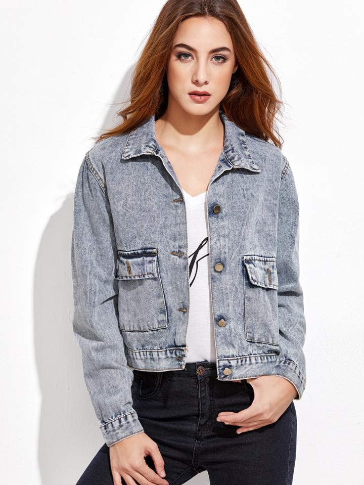 Romwe Pale Blue Single Breasted Pockets Denim Jacket