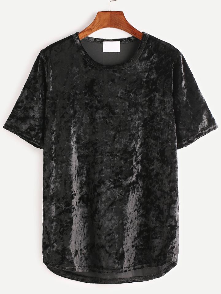 Romwe Black Dip Hem Velvet T-shirt