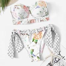 Romwe Floral Frill Trim Underwire Bandeau With Tie Side Bikini