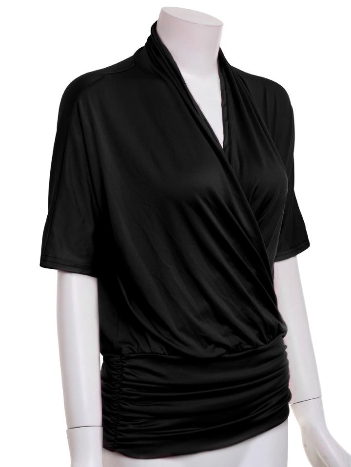 Romwe V Neck Bat Sleeve Ruched Waist Wrap Blouse