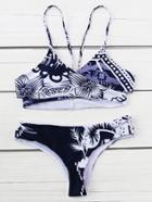 Romwe Printed Cutout Detail Wrap Bikini Set