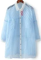 Romwe Lapel With Pockets Vertical Striped Blue Blouse